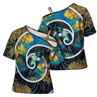 New Zealand Tui Bird Cross Shoulder Shirt Maori Koru With Kowhai Flowers LT05 - Polynesian Pride