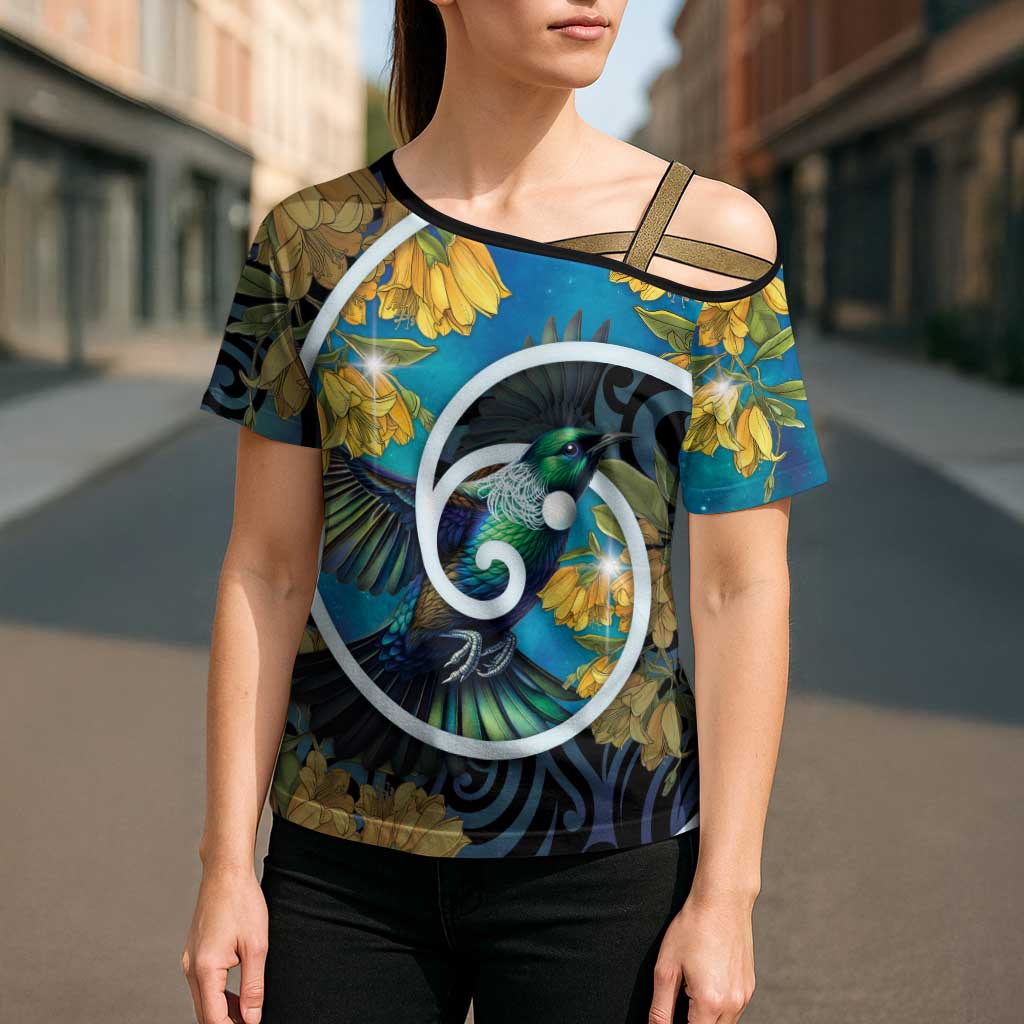New Zealand Tui Bird Cross Shoulder Shirt Maori Koru With Kowhai Flowers LT05 - Polynesian Pride