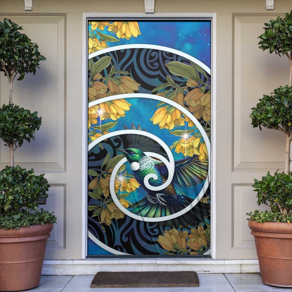 New Zealand Tui Bird Door Cover Maori Koru With Kowhai Flowers LT05 Black - Polynesian Pride