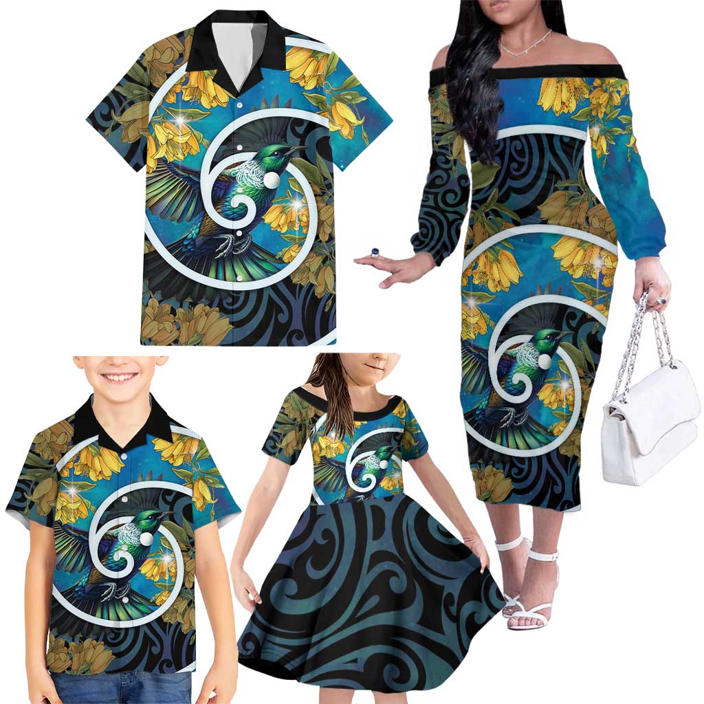 New Zealand Tui Bird Family Matching Off The Shoulder Long Sleeve Dress and Hawaiian Shirt Maori Koru With Kowhai Flowers LT05 - Polynesian Pride