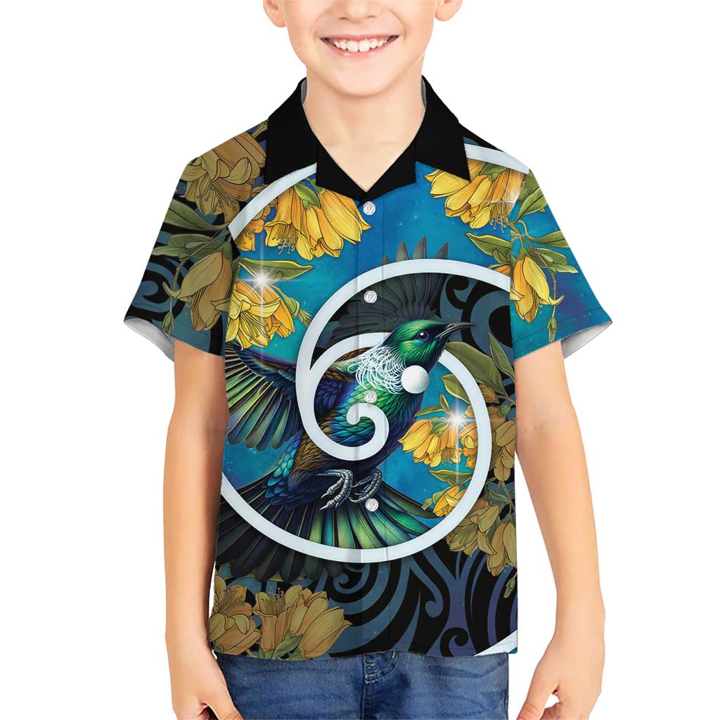 New Zealand Tui Bird Family Matching Off The Shoulder Long Sleeve Dress and Hawaiian Shirt Maori Koru With Kowhai Flowers LT05 Son's Shirt Black - Polynesian Pride