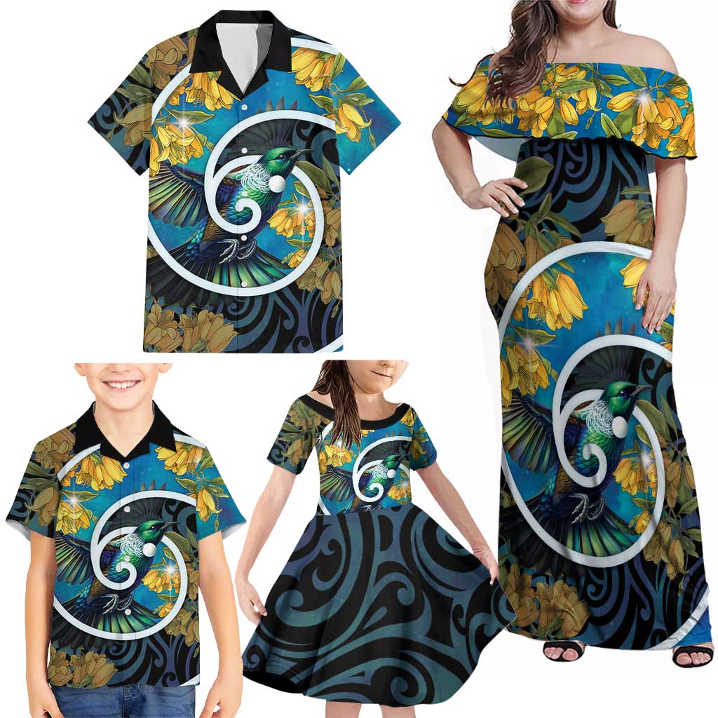 New Zealand Tui Bird Family Matching Off Shoulder Maxi Dress and Hawaiian Shirt Maori Koru With Kowhai Flowers LT05 - Polynesian Pride