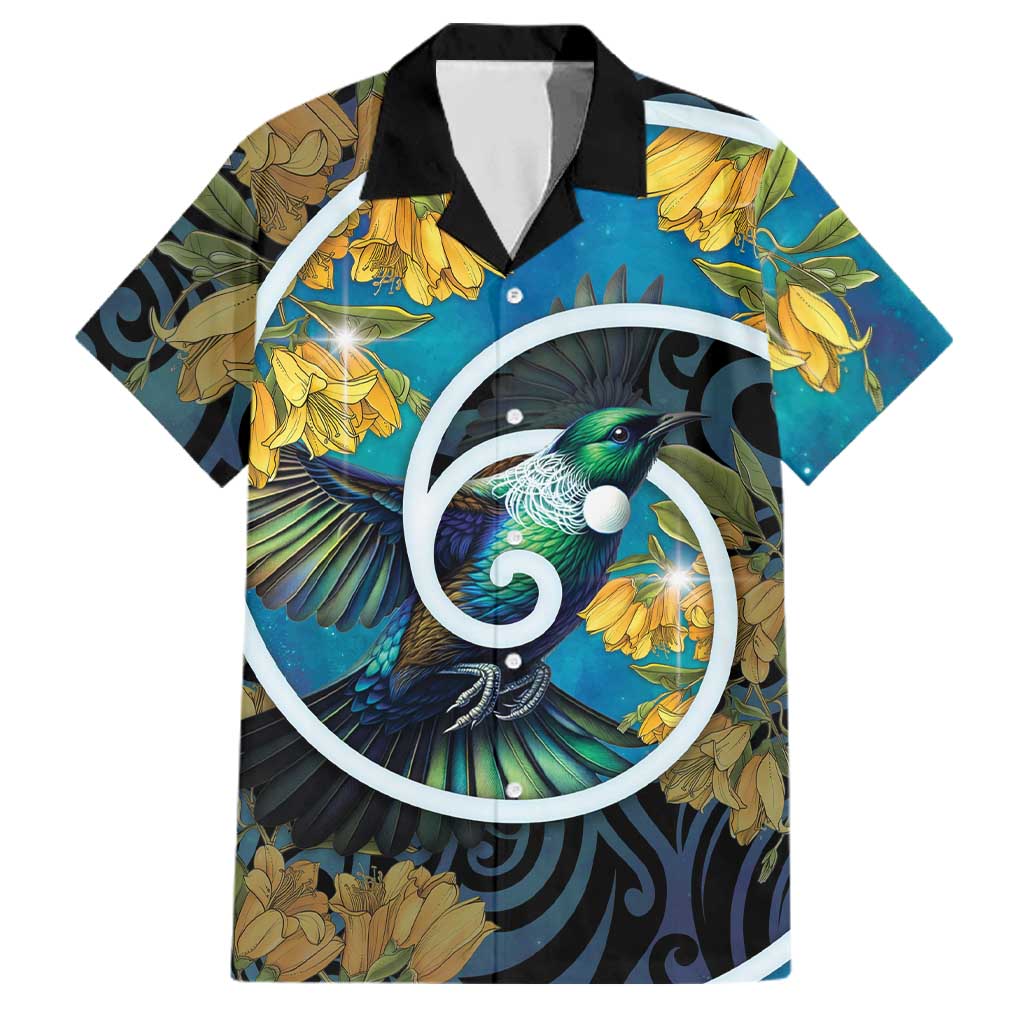 New Zealand Tui Bird Family Matching Off Shoulder Maxi Dress and Hawaiian Shirt Maori Koru With Kowhai Flowers LT05 Dad's Shirt - Short Sleeve Black - Polynesian Pride