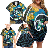 New Zealand Tui Bird Family Matching Off Shoulder Short Dress and Hawaiian Shirt Maori Koru With Kowhai Flowers LT05 - Polynesian Pride