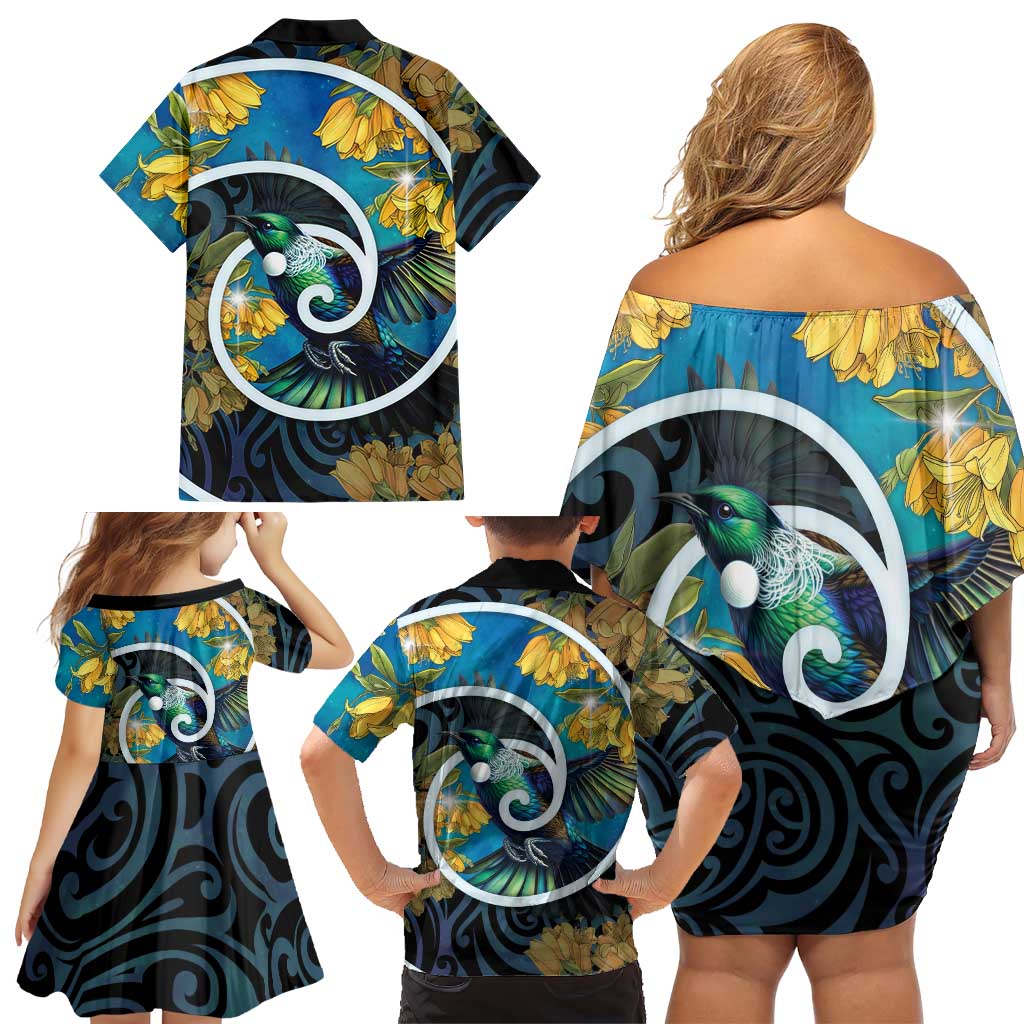 New Zealand Tui Bird Family Matching Off Shoulder Short Dress and Hawaiian Shirt Maori Koru With Kowhai Flowers LT05 - Polynesian Pride