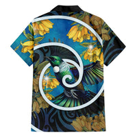 New Zealand Tui Bird Family Matching Off Shoulder Short Dress and Hawaiian Shirt Maori Koru With Kowhai Flowers LT05 - Polynesian Pride