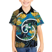 New Zealand Tui Bird Family Matching Puletasi and Hawaiian Shirt Maori Koru With Kowhai Flowers LT05 Son's Shirt Black - Polynesian Pride