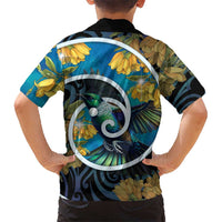New Zealand Tui Bird Family Matching Short Sleeve Bodycon Dress and Hawaiian Shirt Maori Koru With Kowhai Flowers LT05 - Polynesian Pride