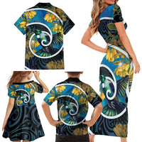 New Zealand Tui Bird Family Matching Short Sleeve Bodycon Dress and Hawaiian Shirt Maori Koru With Kowhai Flowers LT05 - Polynesian Pride