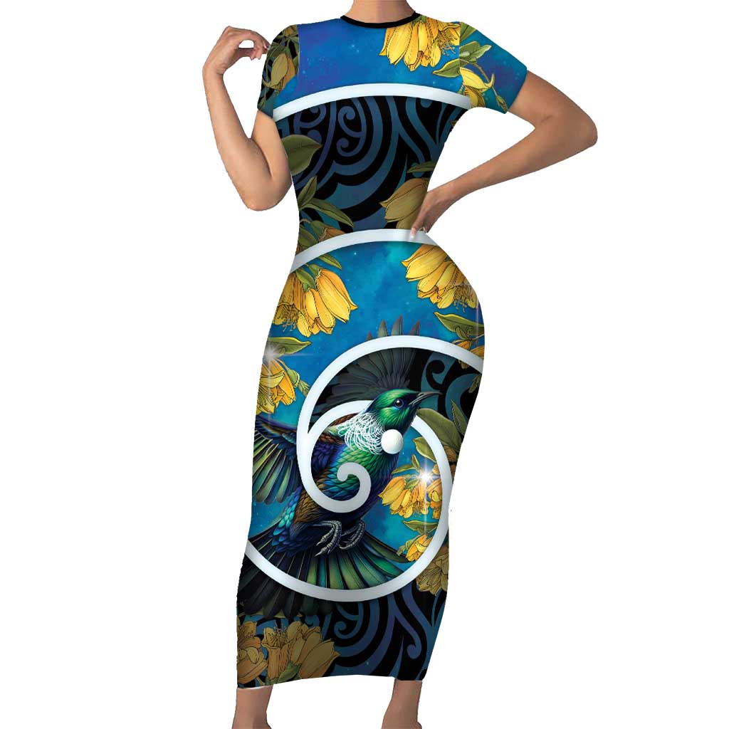 New Zealand Tui Bird Family Matching Short Sleeve Bodycon Dress and Hawaiian Shirt Maori Koru With Kowhai Flowers LT05 Mom's Dress Black - Polynesian Pride