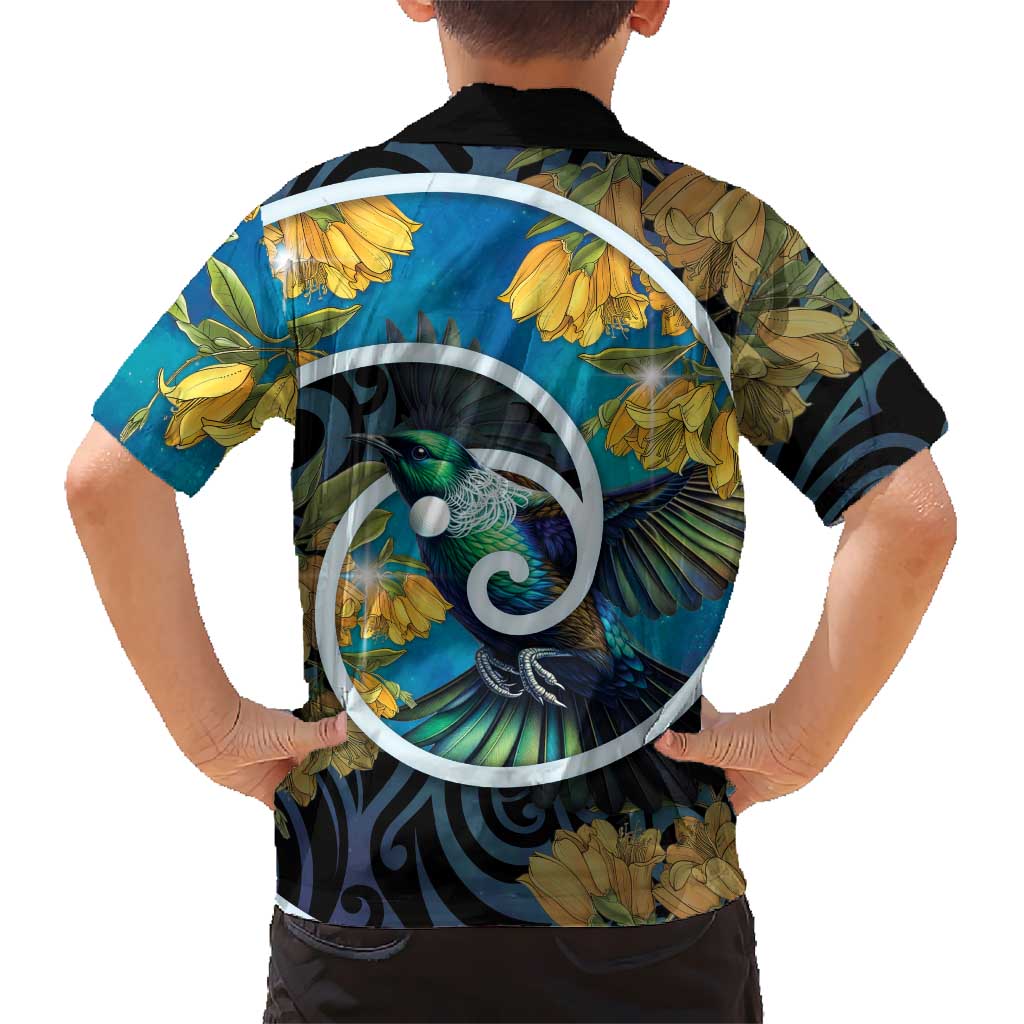 New Zealand Tui Bird Family Matching Summer Maxi Dress and Hawaiian Shirt Maori Koru With Kowhai Flowers LT05 - Polynesian Pride