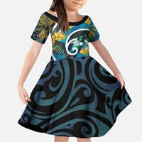 New Zealand Tui Bird Family Matching Tank Maxi Dress and Hawaiian Shirt Maori Koru With Kowhai Flowers LT05 Daughter's Dress Black - Polynesian Pride