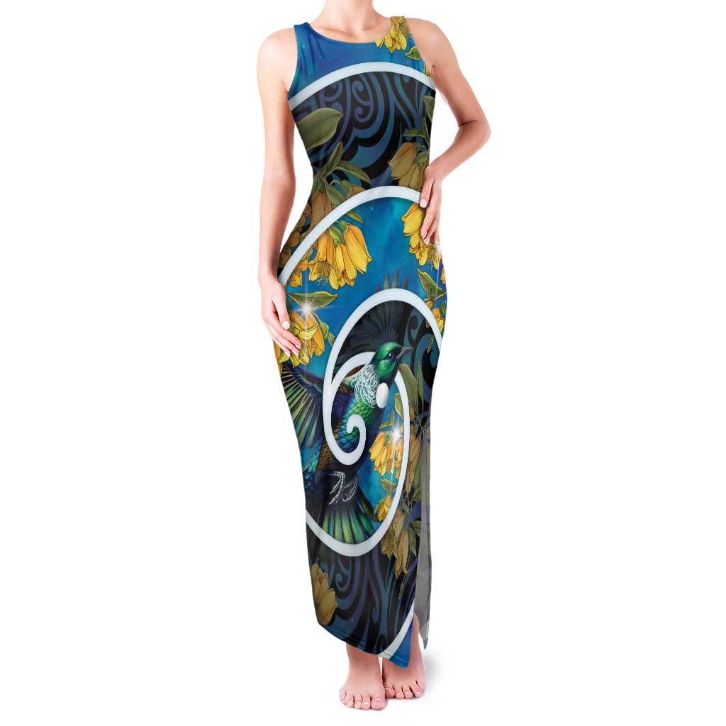 New Zealand Tui Bird Family Matching Tank Maxi Dress and Hawaiian Shirt Maori Koru With Kowhai Flowers LT05 Mom's Dress Black - Polynesian Pride