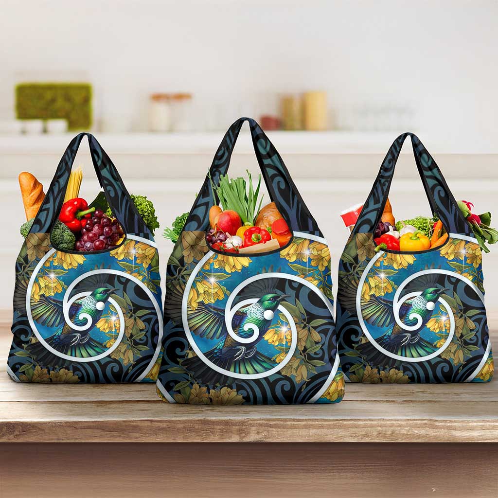 New Zealand Tui Bird Grocery Bag Maori Koru With Kowhai Flowers LT05 3-pack One Size Black - Polynesian Pride