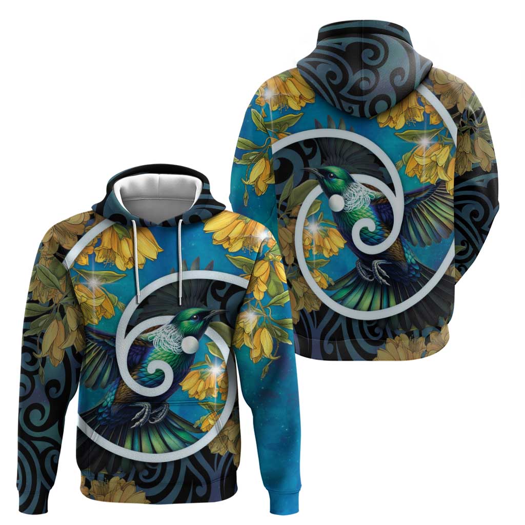 New Zealand Tui Bird Hoodie Maori Koru With Kowhai Flowers