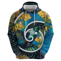 New Zealand Tui Bird Hoodie Maori Koru With Kowhai Flowers