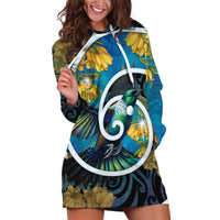 New Zealand Tui Bird Hoodie Dress Maori Koru With Kowhai Flowers