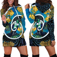 New Zealand Tui Bird Hoodie Dress Maori Koru With Kowhai Flowers