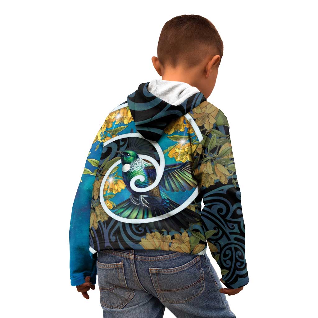 New Zealand Tui Bird Kid Hoodie Maori Koru With Kowhai Flowers LT05 - Polynesian Pride