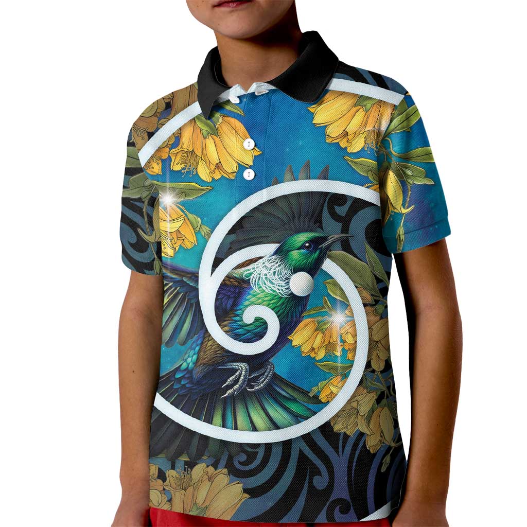 New Zealand Tui Bird Kid Polo Shirt Maori Koru With Kowhai Flowers