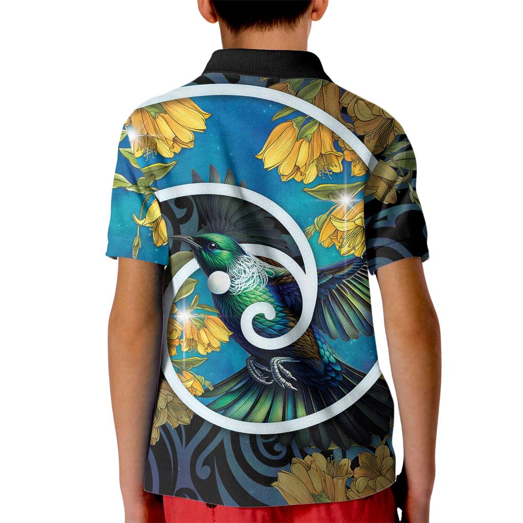 New Zealand Tui Bird Kid Polo Shirt Maori Koru With Kowhai Flowers