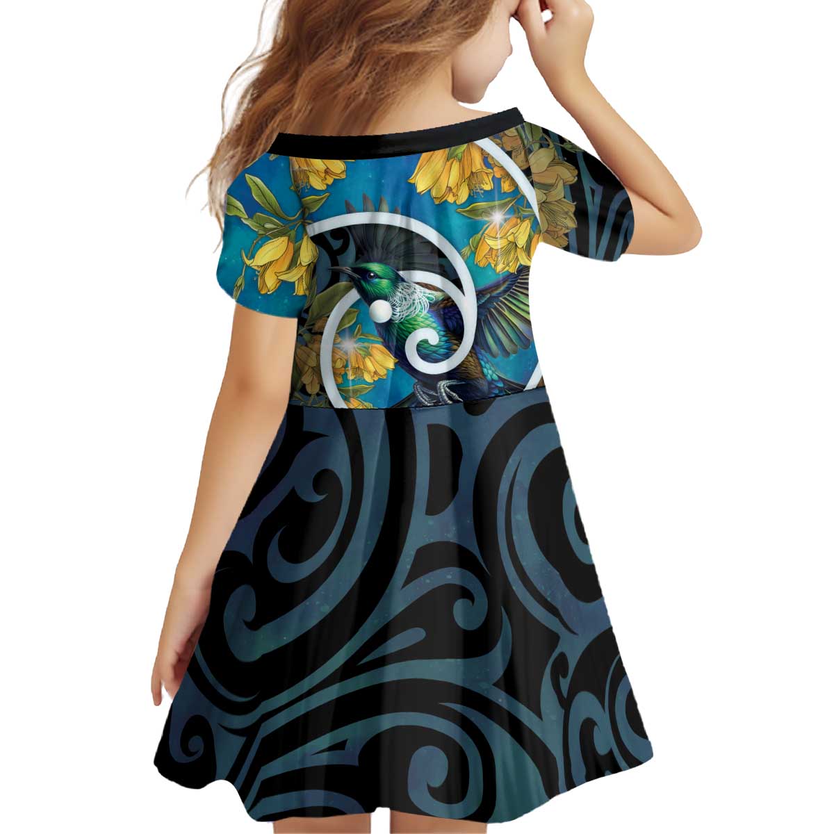New Zealand Tui Bird Kid Short Sleeve Dress Maori Koru With Kowhai Flowers