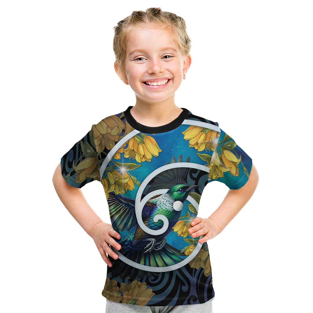 New Zealand Tui Bird Kid T Shirt Maori Koru With Kowhai Flowers LT05 Black - Polynesian Pride