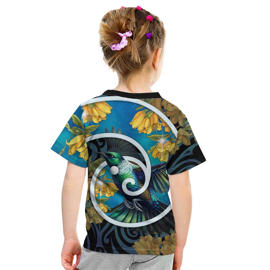 New Zealand Tui Bird Kid T Shirt Maori Koru With Kowhai Flowers LT05 - Polynesian Pride