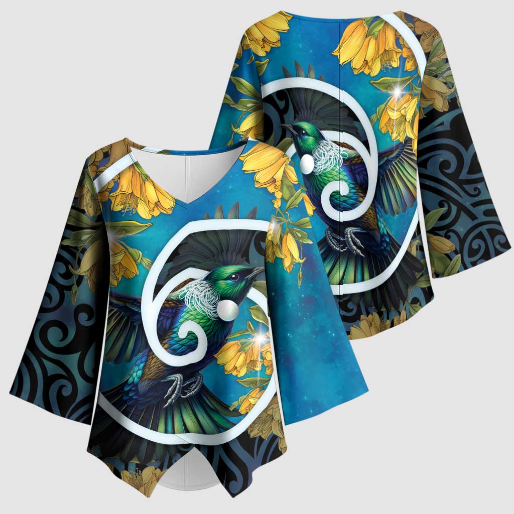 New Zealand Tui Bird Kimono Sleeve Blouse Maori Koru With Kowhai Flowers LT05 - Polynesian Pride