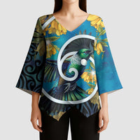 New Zealand Tui Bird Kimono Sleeve Blouse Maori Koru With Kowhai Flowers LT05 - Polynesian Pride