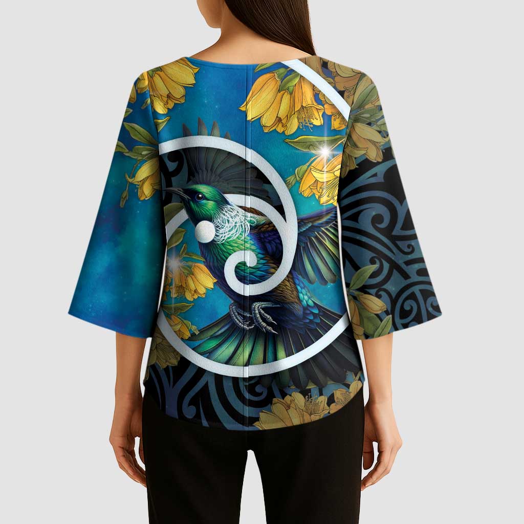 New Zealand Tui Bird Kimono Sleeve Blouse Maori Koru With Kowhai Flowers LT05 - Polynesian Pride