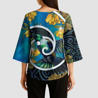 New Zealand Tui Bird Kimono Sleeve Blouse Maori Koru With Kowhai Flowers LT05 - Polynesian Pride