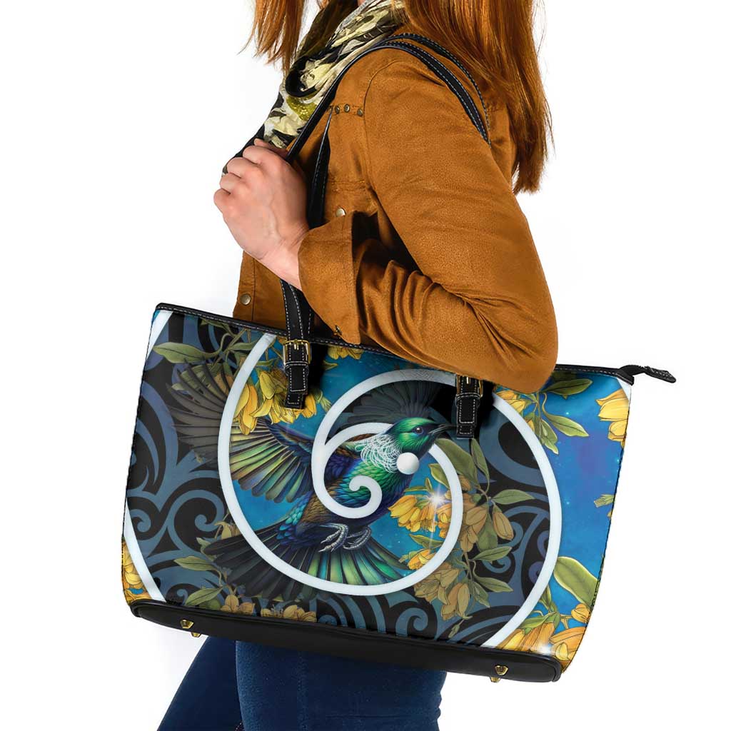 New Zealand Tui Bird Leather Tote Bag Maori Koru With Kowhai Flowers LT05 Black - Polynesian Pride