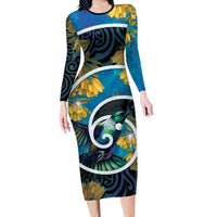 New Zealand Tui Bird Long Sleeve Bodycon Dress Maori Koru With Kowhai Flowers