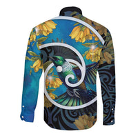 New Zealand Tui Bird Long Sleeve Button Shirt Maori Koru With Kowhai Flowers