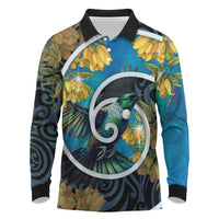 New Zealand Tui Bird Long Sleeve Polo Shirt Maori Koru With Kowhai Flowers