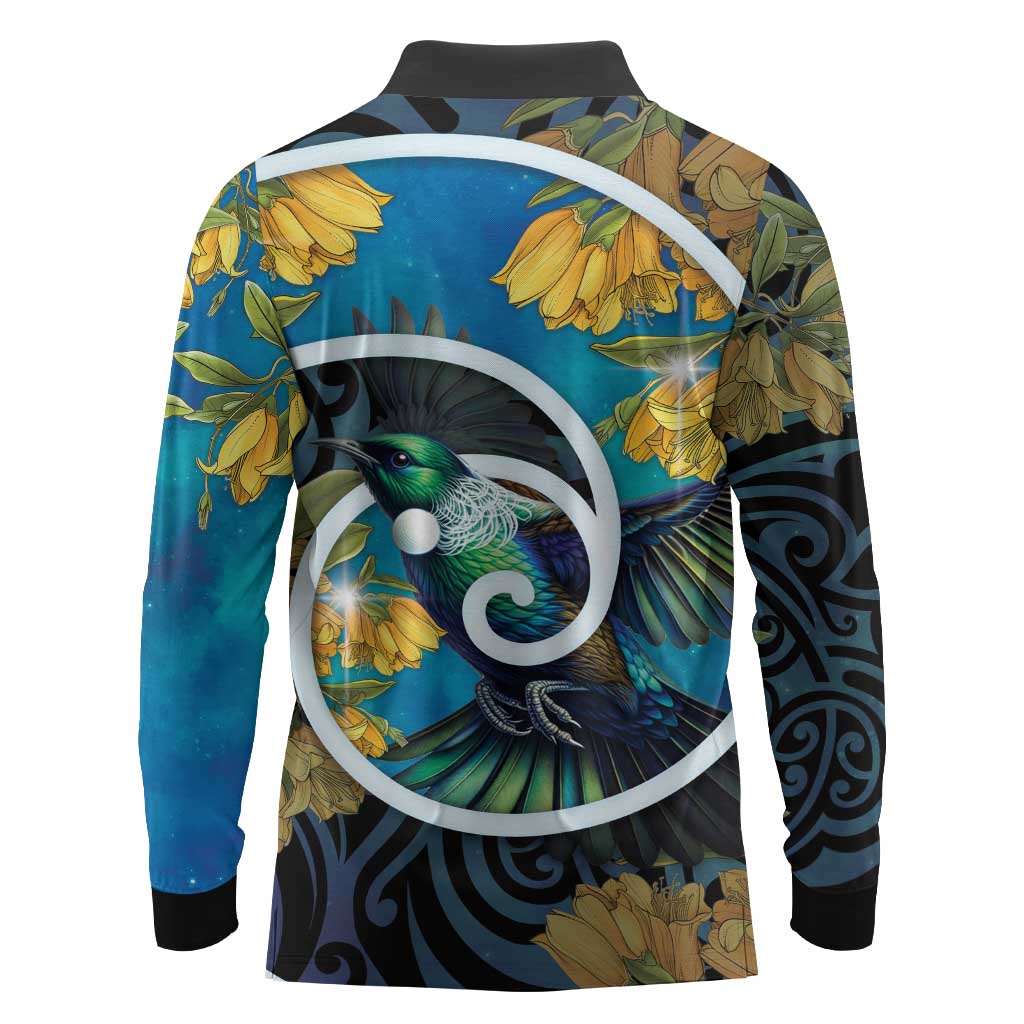 New Zealand Tui Bird Long Sleeve Polo Shirt Maori Koru With Kowhai Flowers