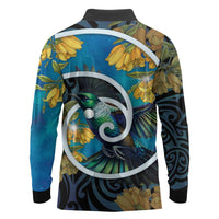 New Zealand Tui Bird Long Sleeve Polo Shirt Maori Koru With Kowhai Flowers
