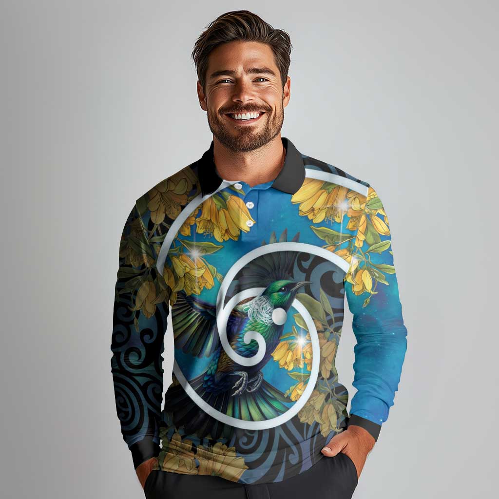 New Zealand Tui Bird Long Sleeve Polo Shirt Maori Koru With Kowhai Flowers