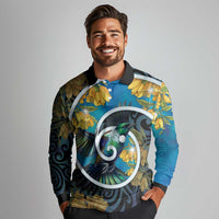 New Zealand Tui Bird Long Sleeve Polo Shirt Maori Koru With Kowhai Flowers