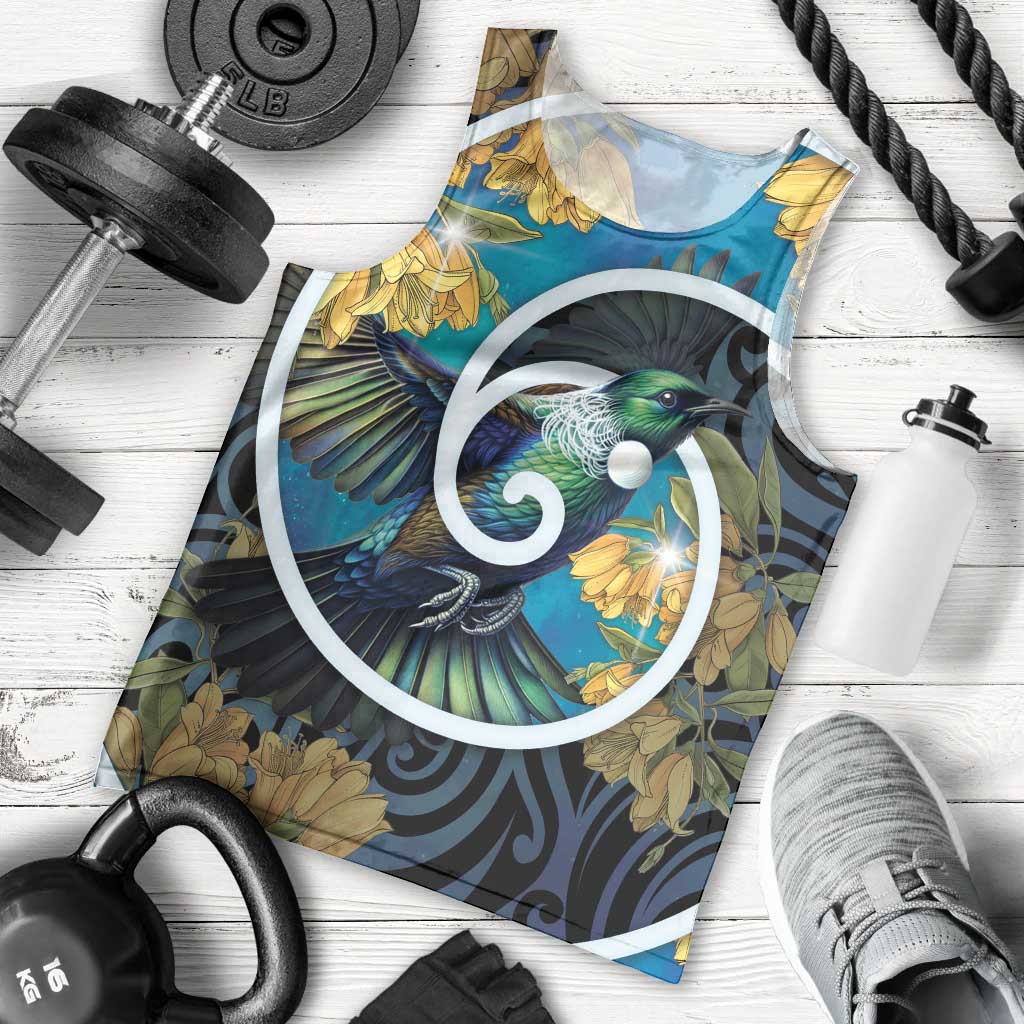 New Zealand Tui Bird Men Tank Top Maori Koru With Kowhai Flowers LT05 - Polynesian Pride