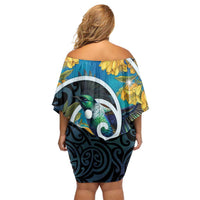 New Zealand Tui Bird Off Shoulder Short Dress Maori Koru With Kowhai Flowers LT05 - Polynesian Pride