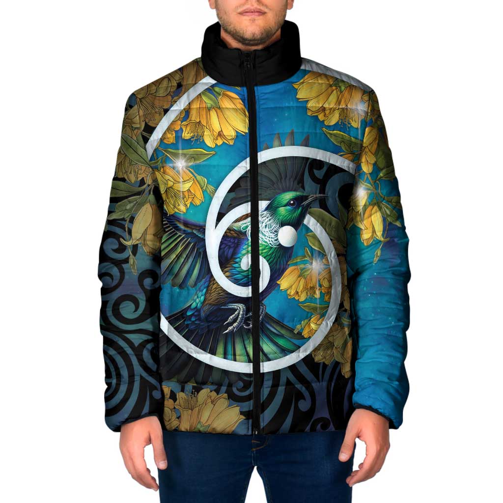 New Zealand Tui Bird Padded Jacket Maori Koru With Kowhai Flowers