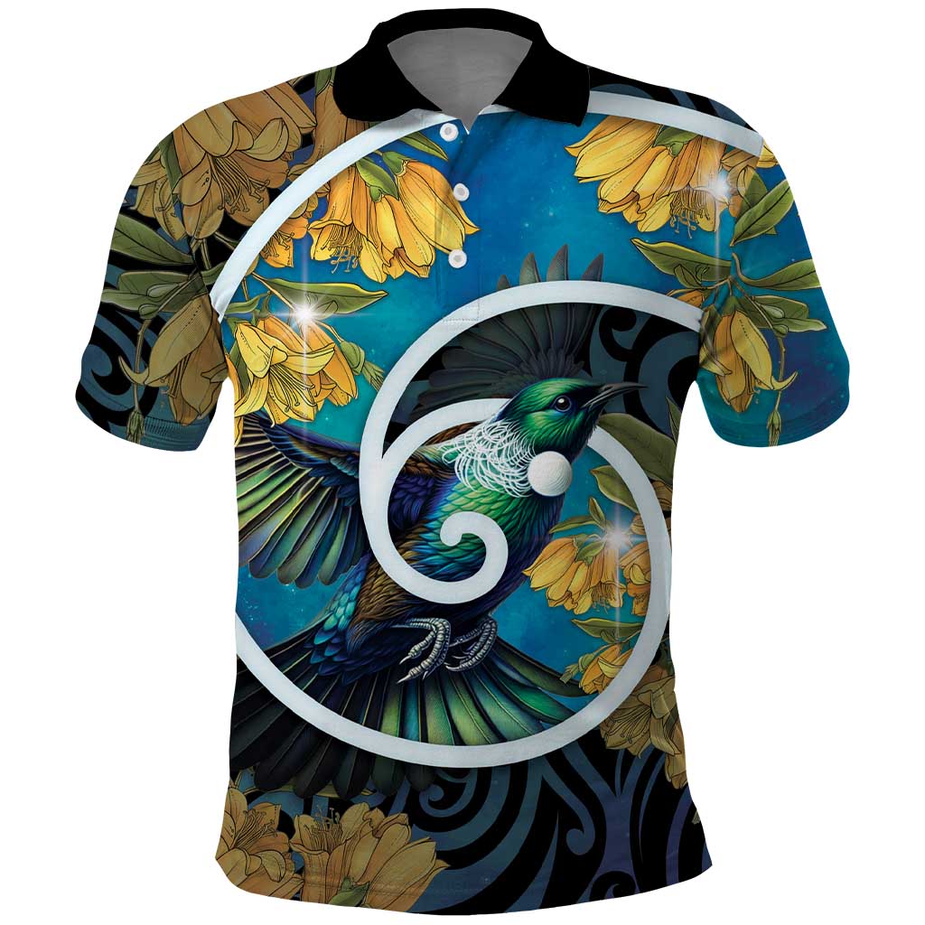 New Zealand Tui Bird Polo Shirt Maori Koru With Kowhai Flowers