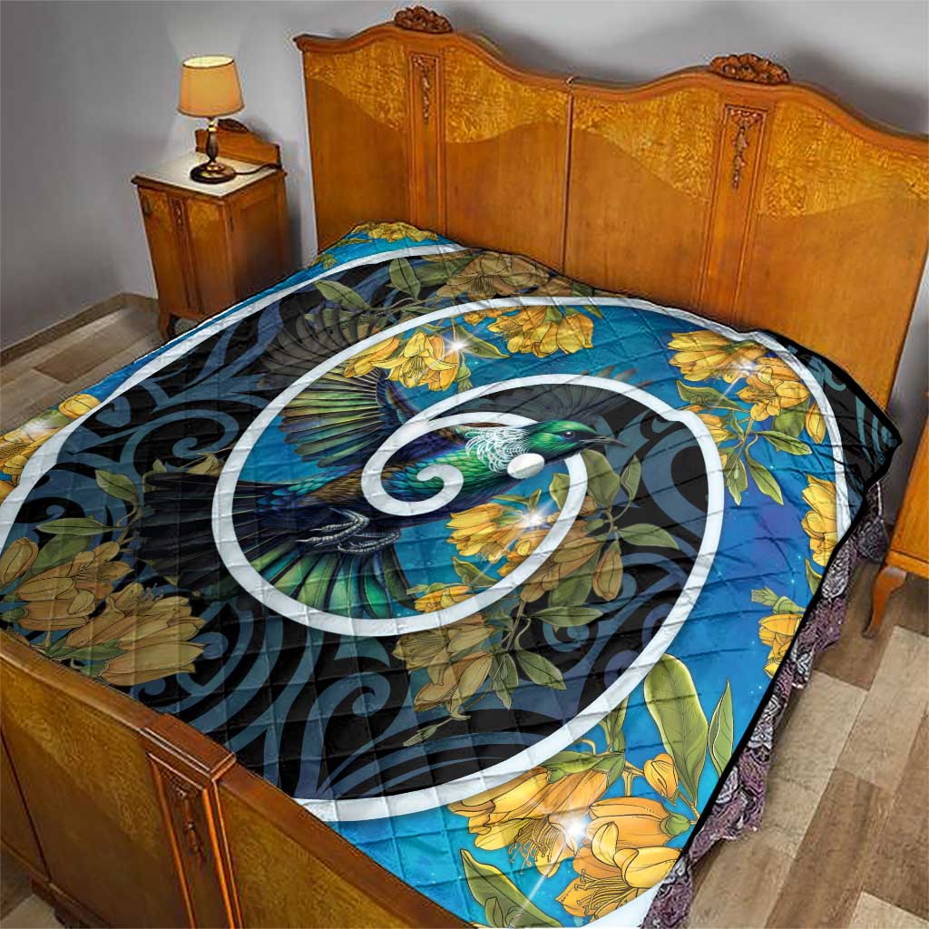 New Zealand Tui Bird Quilt Maori Koru With Kowhai Flowers LT05 - Polynesian Pride