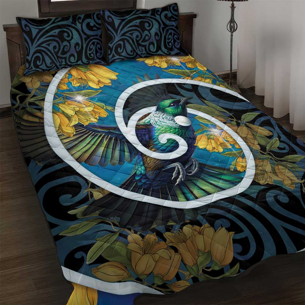 New Zealand Tui Bird Quilt Bed Set Maori Koru With Kowhai Flowers