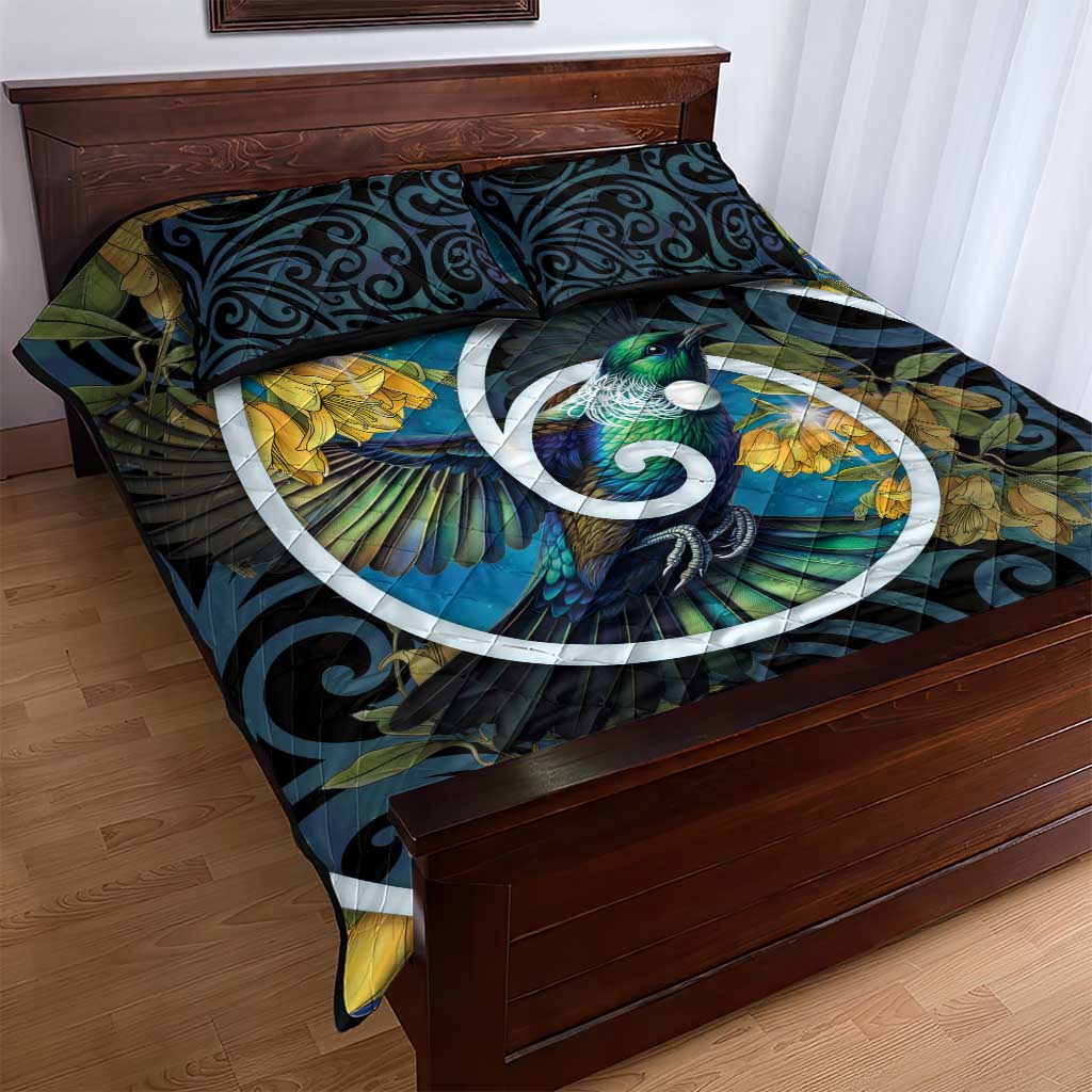 New Zealand Tui Bird Quilt Bed Set Maori Koru With Kowhai Flowers
