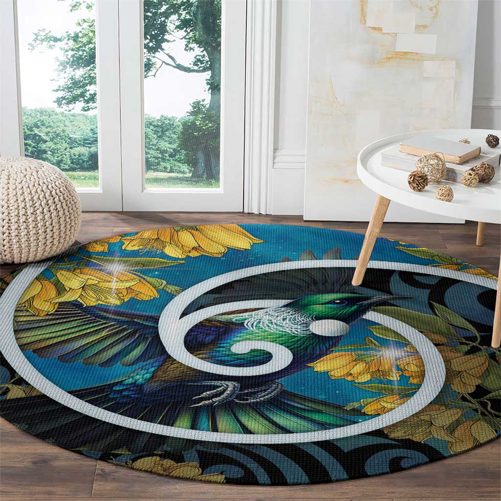 New Zealand Tui Bird Round Carpet Maori Koru With Kowhai Flowers LT05 - Polynesian Pride