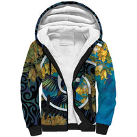 New Zealand Tui Bird Sherpa Hoodie Maori Koru With Kowhai Flowers