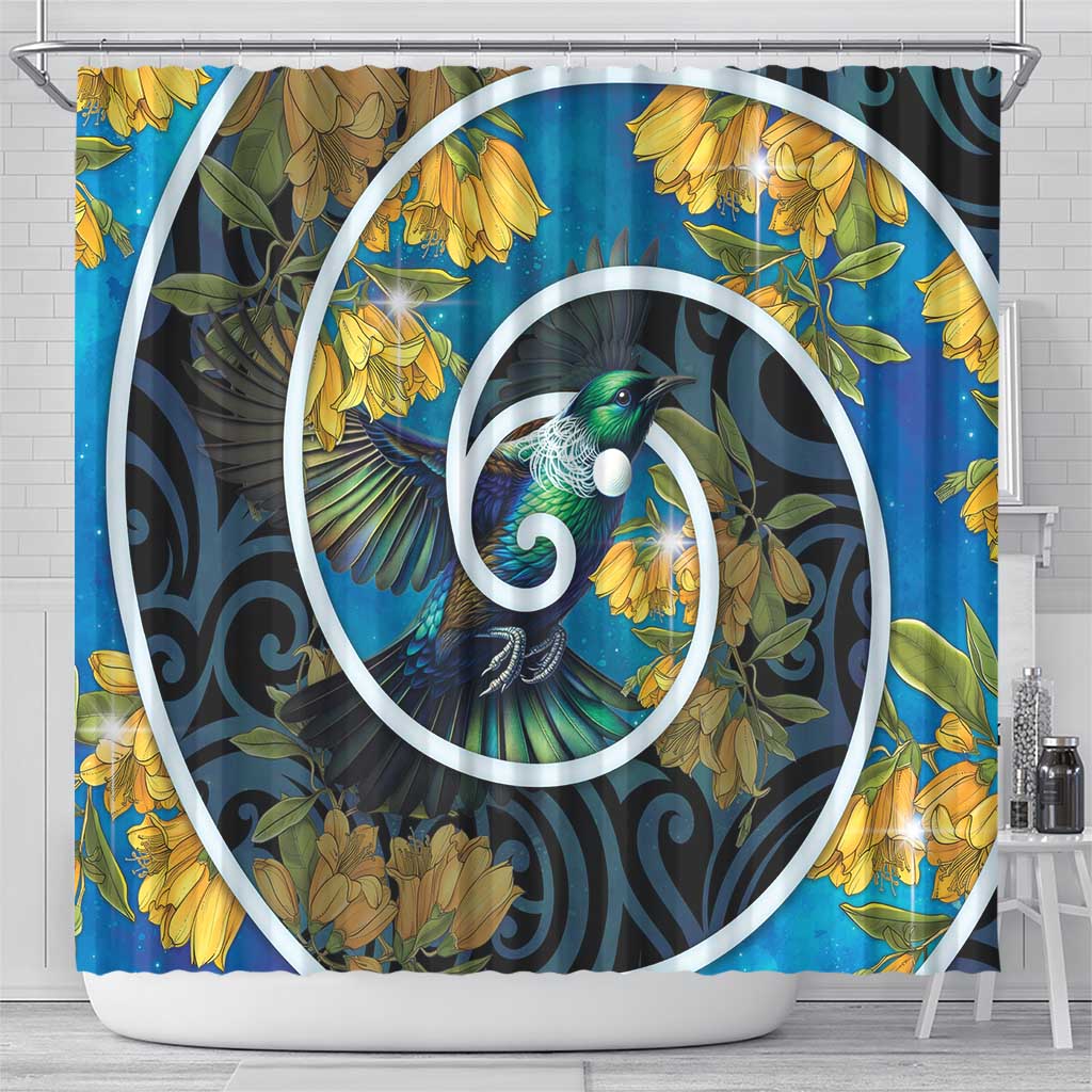 New Zealand Tui Bird Shower Curtain Maori Koru With Kowhai Flowers LT05 - Polynesian Pride